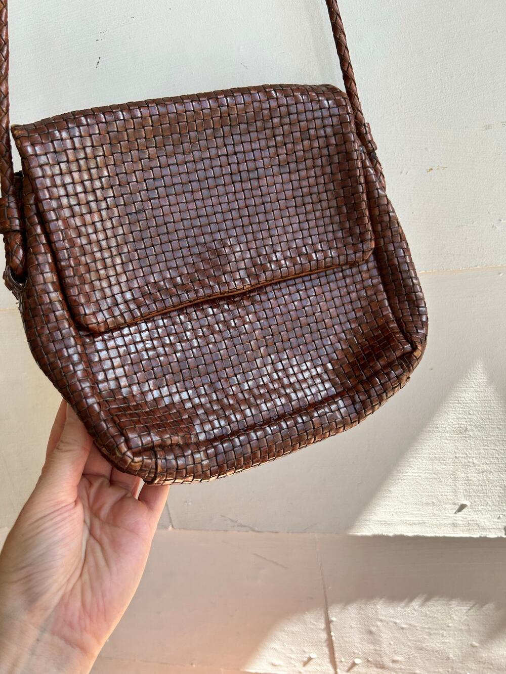Vintage Woven Warm Brown Leather Cross-body Bag Purse Nine West